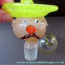 Load image into Gallery viewer, Vintage JF &amp; S CZECH Glass Decanter in the Form of a Little Mexican Gentleman Wearing a Yellow Sombrero
