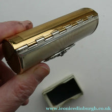 Load image into Gallery viewer,  1950s KIGU Barrel Cigarette Case or Lipstick Holder with Engine Turned Enamel Lid
