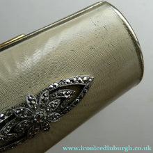 Load image into Gallery viewer,  1950s KIGU Barrel Cigarette Case or Lipstick Holder with Engine Turned Enamel Lid
