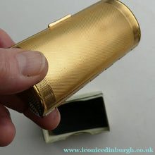 Load image into Gallery viewer,  1950s KIGU Barrel Cigarette Case or Lipstick Holder with Engine Turned Enamel Lid
