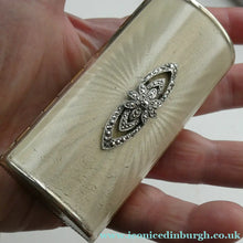 Load image into Gallery viewer,  1950s KIGU Barrel Cigarette Case or Lipstick Holder with Engine Turned Enamel Lid
