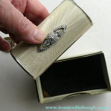 Load image into Gallery viewer,  1950s KIGU Barrel Cigarette Case or Lipstick Holder with Engine Turned Enamel Lid
