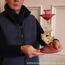 Load image into Gallery viewer, LARGE Vintage VENETIAN Glass Candlestick with Dolphin Detail &amp; Gold Aventurine Flecks. Attributed to Salviati. 10 1/4 inches
