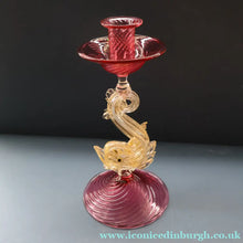 Load image into Gallery viewer, LARGE Vintage VENETIAN Glass Candlestick with Dolphin Detail &amp; Gold Aventurine Flecks. Attributed to Salviati. 10 1/4 inches
