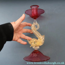 Load image into Gallery viewer, LARGE Vintage VENETIAN Glass Candlestick with Dolphin Detail &amp; Gold Aventurine Flecks. Attributed to Salviati. 10 1/4 inches
