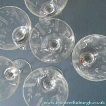 Load image into Gallery viewer, THREE SETS of Six 1950s Matching Engraved Glasses (Total 18 glasses). Decorated with Leaves and Lines Pattern;
