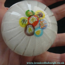 Load image into Gallery viewer, Vintage 1950s Latticino Ribbon and Millefiori Cane Crown Paperweight. Probably Murano by AVeM
