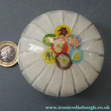 Load image into Gallery viewer, Vintage 1950s Latticino Ribbon and Millefiori Cane Crown Paperweight. Probably Murano by AVeM

