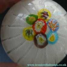Load image into Gallery viewer, Vintage 1950s Latticino Ribbon and Millefiori Cane Crown Paperweight. Probably Murano by AVeM
