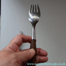 Load image into Gallery viewer, 1950s. Pair of Vintage DANSK Fjord Pattern Four-Prong Forks. Stainless Steel with Teak Handles. 7 1/4 inches
