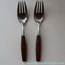 Load image into Gallery viewer, 1950s. Pair of Vintage DANSK Fjord Pattern Four-Prong Forks. Stainless Steel with Teak Handles. 7 1/4 inches
