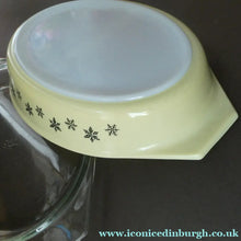 Load image into Gallery viewer, 1950s Vintage PYREX GAEITY Oval Divided Lidded Serving Dish Gaiety YELLOW SNOWFLAKE
