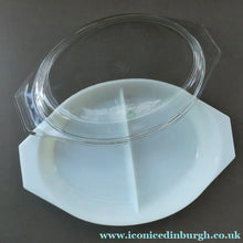 Load image into Gallery viewer, 1950s Vintage PYREX GAEITY Oval Divided Lidded Serving Dish Gaiety YELLOW SNOWFLAKE
