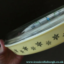 Load image into Gallery viewer, 1950s Vintage PYREX GAEITY Oval Divided Lidded Serving Dish Gaiety YELLOW SNOWFLAKE
