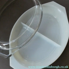 Load image into Gallery viewer, 1950s Vintage PYREX GAEITY Oval Divided Lidded Serving Dish Gaiety YELLOW SNOWFLAKE
