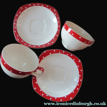 Load image into Gallery viewer, Red Domino Midwinter Coffee Cup and Saucer Side Plate 1950s Polka Dot
