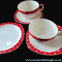 Load image into Gallery viewer, Red Domino Midwinter Coffee Cup and Saucer Side Plate 1950s Polka Dot

