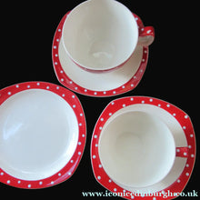 Load image into Gallery viewer, Red Domino Midwinter Coffee Cup and Saucer Side Plate 1950s Polka Dot
