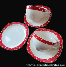Load image into Gallery viewer, Red Domino Midwinter Coffee Cup and Saucer Side Plate 1950s Polka Dot
