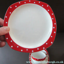 Load image into Gallery viewer, Red Domino Midwinter Coffee Cup and Saucer Side Plate 1950s Polka Dot
