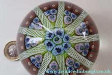 Load image into Gallery viewer, Vintage Scottish Paperweight 1950s VASART GLASS. Lime Green Ground with Nine Spokes and Millefiori Canes
