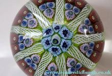 Load image into Gallery viewer, Vintage Scottish Paperweight 1950s VASART GLASS. Lime Green Ground with Nine Spokes and Millefiori Canes - Scottish

