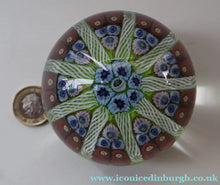 Load image into Gallery viewer, Vintage Scottish Paperweight 1950s VASART GLASS. Lime Green Ground with Nine Spokes and Millefiori Canes
