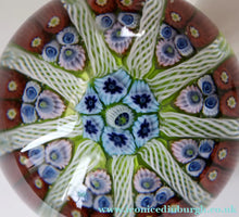 Load image into Gallery viewer, Vintage Scottish Paperweight 1950s VASART GLASS. Lime Green Ground with Nine Spokes and Millefiori Canes

