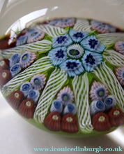 Load image into Gallery viewer, Vintage Scottish Paperweight 1950s VASART GLASS. Lime Green Ground with Nine Spokes and Millefiori Canes
