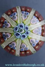Load image into Gallery viewer, Vintage Scottish Paperweight 1950s VASART GLASS. Lime Green Ground with Nine Spokes and Millefiori Canes
