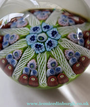Load image into Gallery viewer, Vintage Scottish Paperweight 1950s VASART GLASS. Lime Green Ground with Nine Spokes and Millefiori Canes
