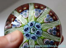 Load image into Gallery viewer, Vintage Scottish Paperweight 1950s VASART GLASS. Lime Green Ground with Nine Spokes and Millefiori Canes
