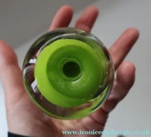 Load image into Gallery viewer, Vintage Scottish Paperweight 1950s VASART GLASS. Lime Green Ground with Nine Spokes and Millefiori Canes
