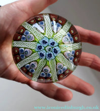 Load image into Gallery viewer, Vintage Scottish Paperweight 1950s VASART GLASS. Lime Green Ground with Nine Spokes and Millefiori Canes
