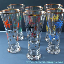 Load image into Gallery viewer, 1950s. Set of SIX Matching Tall Schooners or Beer Glasses with Coloured Star Pattern
