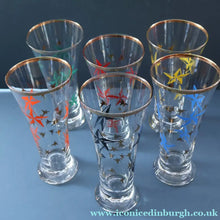 Load image into Gallery viewer, 1950s. Set of SIX Matching Tall Schooners or Beer Glasses with Coloured Star Pattern - British Glass

