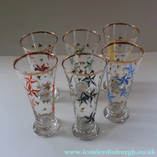 Load image into Gallery viewer, 1950s. Set of SIX Matching Tall Schooners or Beer Glasses with Coloured Star Pattern
