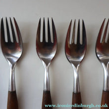 Load image into Gallery viewer, 1950s. Set of Six Vintage DANSK Fjord Pattern Four-Prong Forks. Stainless Steel with Teak Handles. 7 1/4 inches

