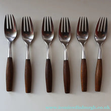 Load image into Gallery viewer, 1950s. Set of Six Vintage DANSK Fjord Pattern Four-Prong Forks. Stainless Steel with Teak Handles. 7 1/4 inches
