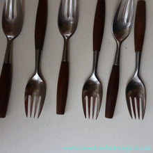 Load image into Gallery viewer, 1950s. Set of Six Vintage DANSK Fjord Pattern Four-Prong Forks. Stainless Steel with Teak Handles. 7 1/4 inches
