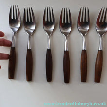 Load image into Gallery viewer, 1950s. Set of Six Vintage DANSK Fjord Pattern Four-Prong Forks. Stainless Steel with Teak Handles. 7 1/4 inches
