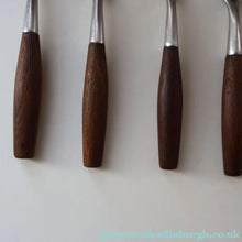 Load image into Gallery viewer, 1950s. Set of Six Vintage DANSK Fjord Pattern Four-Prong Forks. Stainless Steel with Teak Handles. 7 1/4 inches
