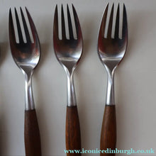 Load image into Gallery viewer, 1950s. Set of Six Vintage DANSK Fjord Pattern Four-Prong Forks. Stainless Steel with Teak Handles. 7 1/4 inches
