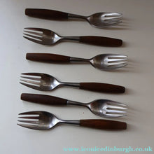 Load image into Gallery viewer, 1950s. Set of Six Vintage DANSK Fjord Pattern Four-Prong Forks. Stainless Steel with Teak Handles. 7 1/4 inches
