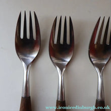 Load image into Gallery viewer, 1950s. Set of Six Vintage DANSK Fjord Pattern Four-Prong Forks. Stainless Steel with Teak Handles. 7 1/4 inches
