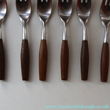 Load image into Gallery viewer, 1950s. Set of Six Vintage DANSK Fjord Pattern Three-Prong Pastry Forks. Stainless Steel with Teak Handles. 6 1/2 inches
