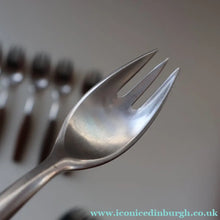 Load image into Gallery viewer, 1950s. Set of Six Vintage DANSK Fjord Pattern Three-Prong Pastry Forks. Stainless Steel with Teak Handles. 6 1/2 inches
