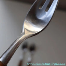 Load image into Gallery viewer, 1950s. Set of Three Vintage DANSK Fjord Pattern Three-Prong Pastry Forks. Stainless Steel with Teak Handles. 6 1/2 inches
