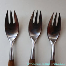 Load image into Gallery viewer, 1950s. Set of Three Vintage DANSK Fjord Pattern Three-Prong Pastry Forks. Stainless Steel with Teak Handles. 6 1/2 inches
