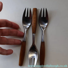 Load image into Gallery viewer, 1950s. Set of Three Vintage DANSK Fjord Pattern Three-Prong Pastry Forks. Stainless Steel with Teak Handles. 6 1/2 inches
